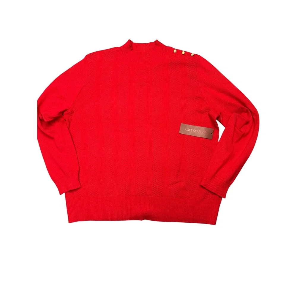Love Scarlett‎ Vixen Red Mock Neck Sweater Gold Button Shoulder Chevron XL NEW